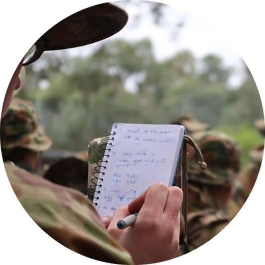 Person in camouflage uniform writing on notepad