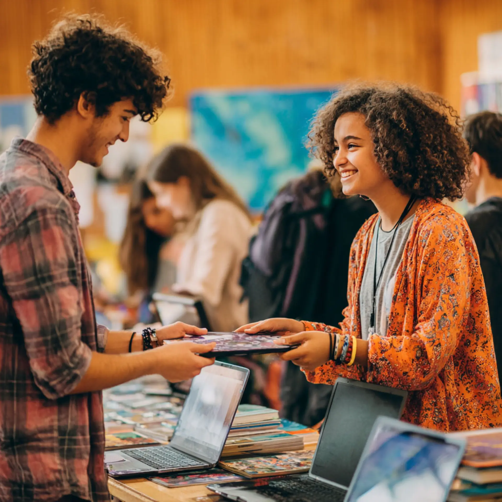 One young person giving a book to another